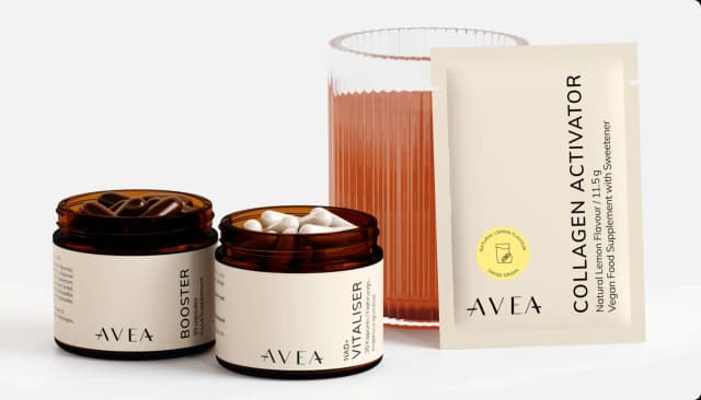 Avea Life supplement products — booster, vitaliser, and collagen activator