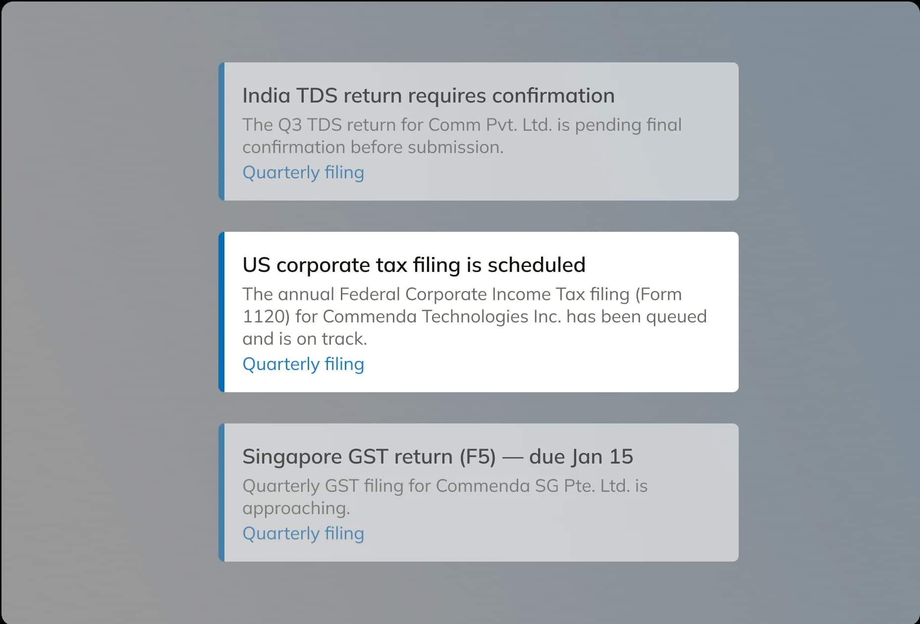 Commenda enterprise modern tax software platform showing multi-entity compliance and AI-powered automation