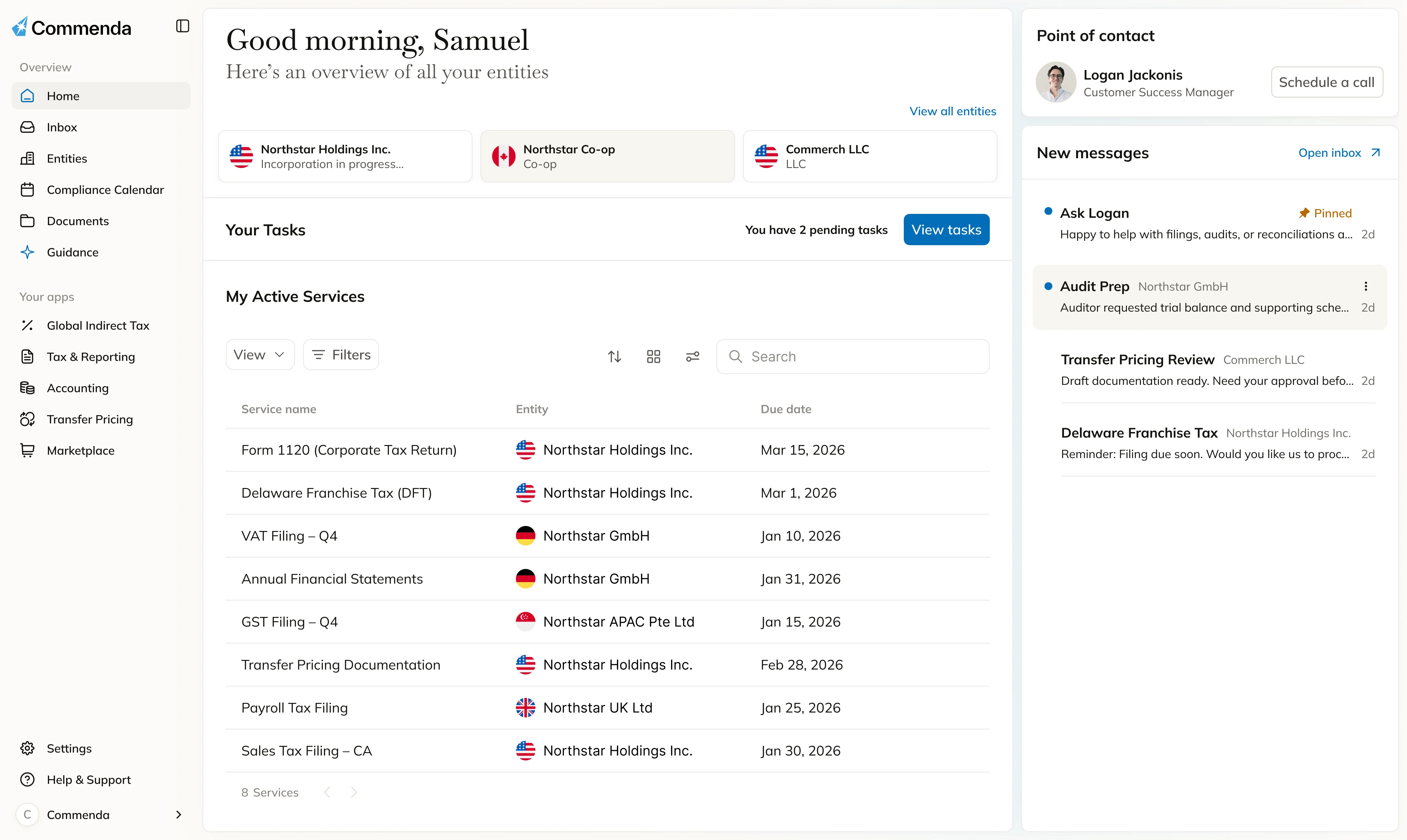 Commenda platform dashboard showing entity projects, compliance calendar, and active services