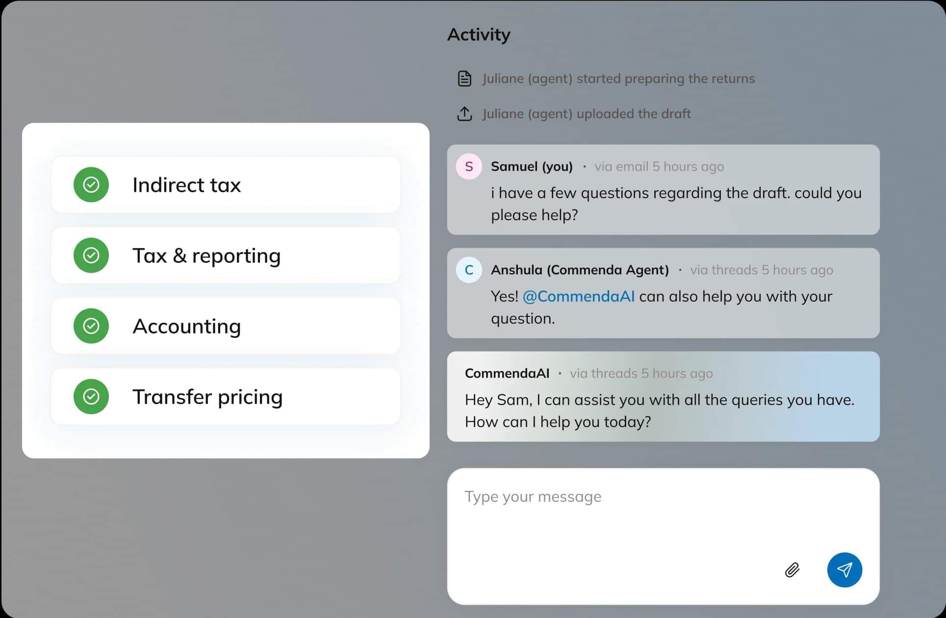 Commenda mid-market entity and tax platform showing compliance overview and AI orchestration