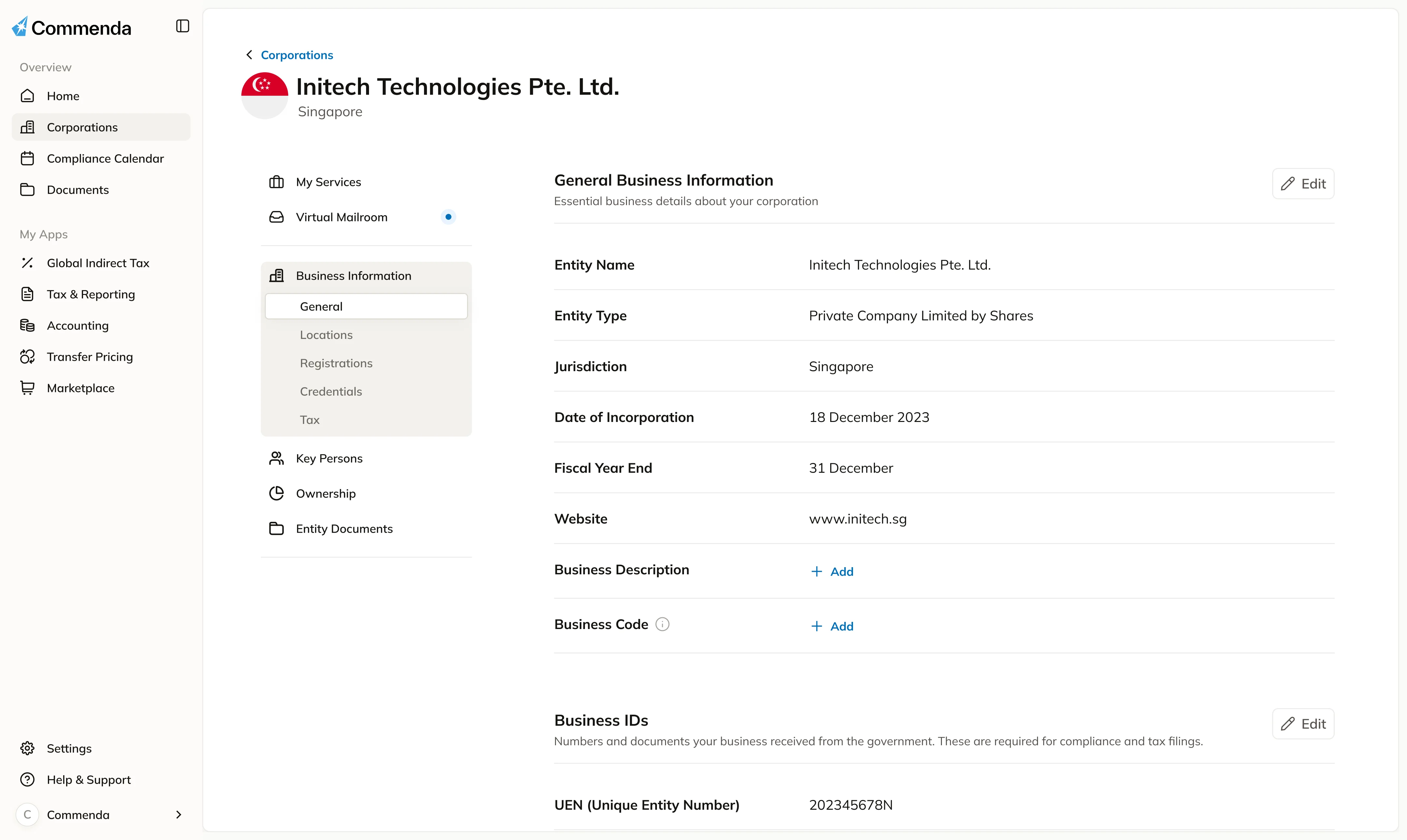 Commenda entity management dashboard showing global subsidiary setup, compliance calendar, and corporate structure