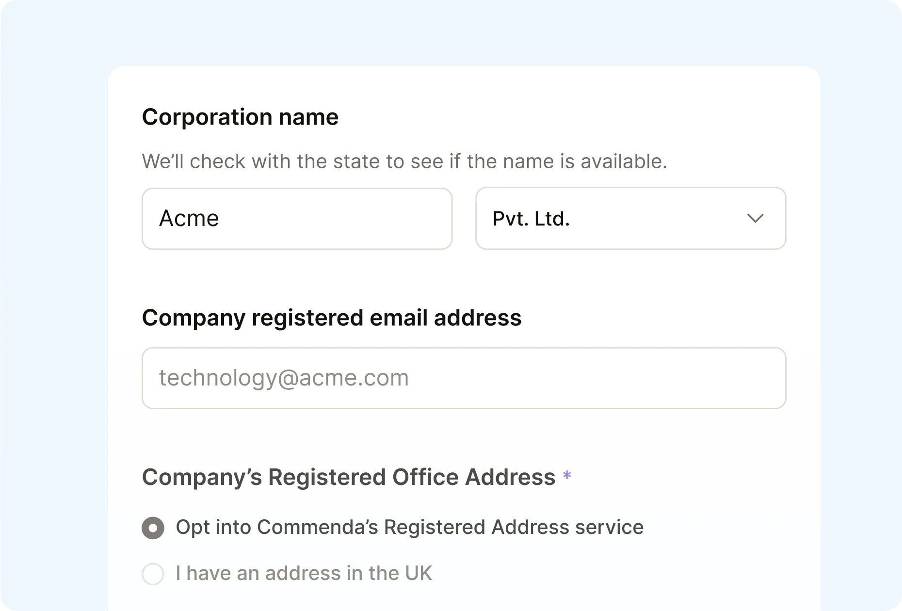 Commenda startup incorporation setup form with corporation name, email, and registered address fields