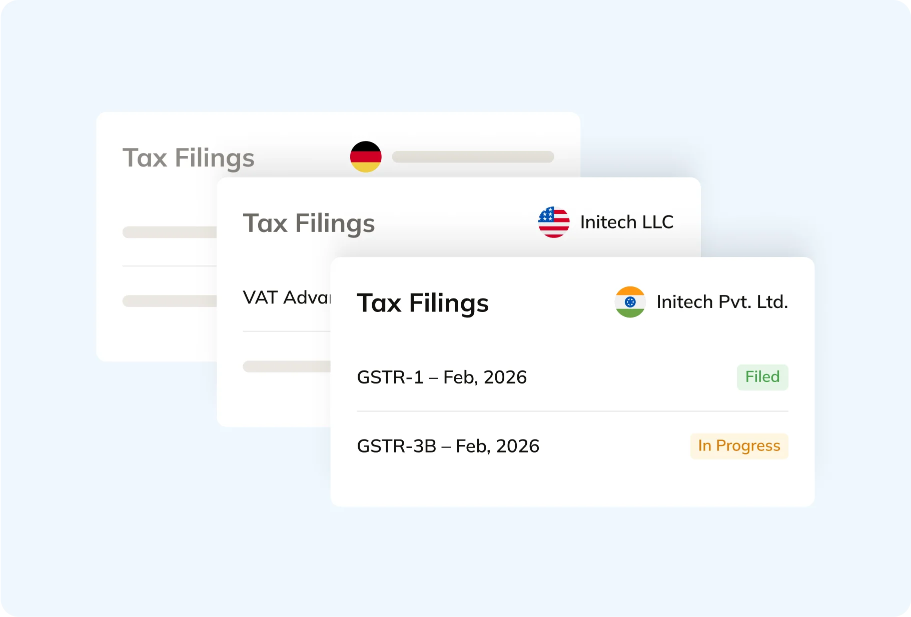 Commenda indirect tax automation showing VAT and sales tax calculations and filing status