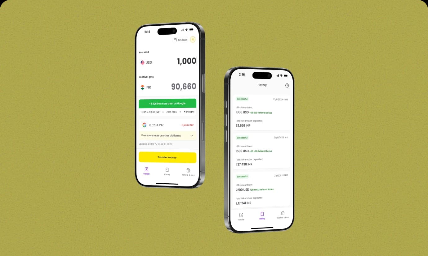 Frex mobile app screens showing currency exchange and transaction history