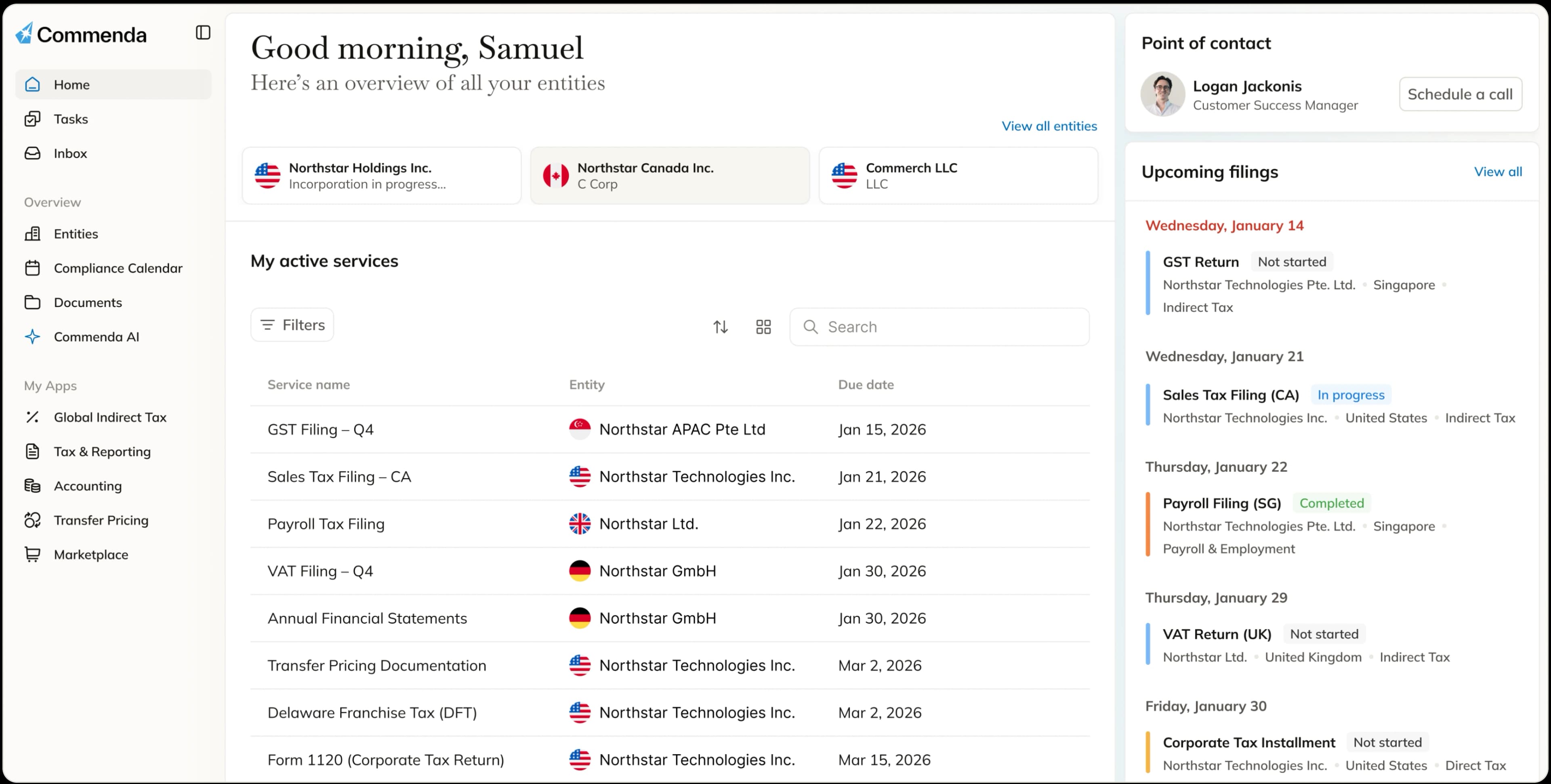 Commenda platform dashboard showing entity overview with country-specific tax filings and account activity