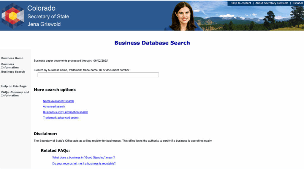 Colorado SOS Business Search page