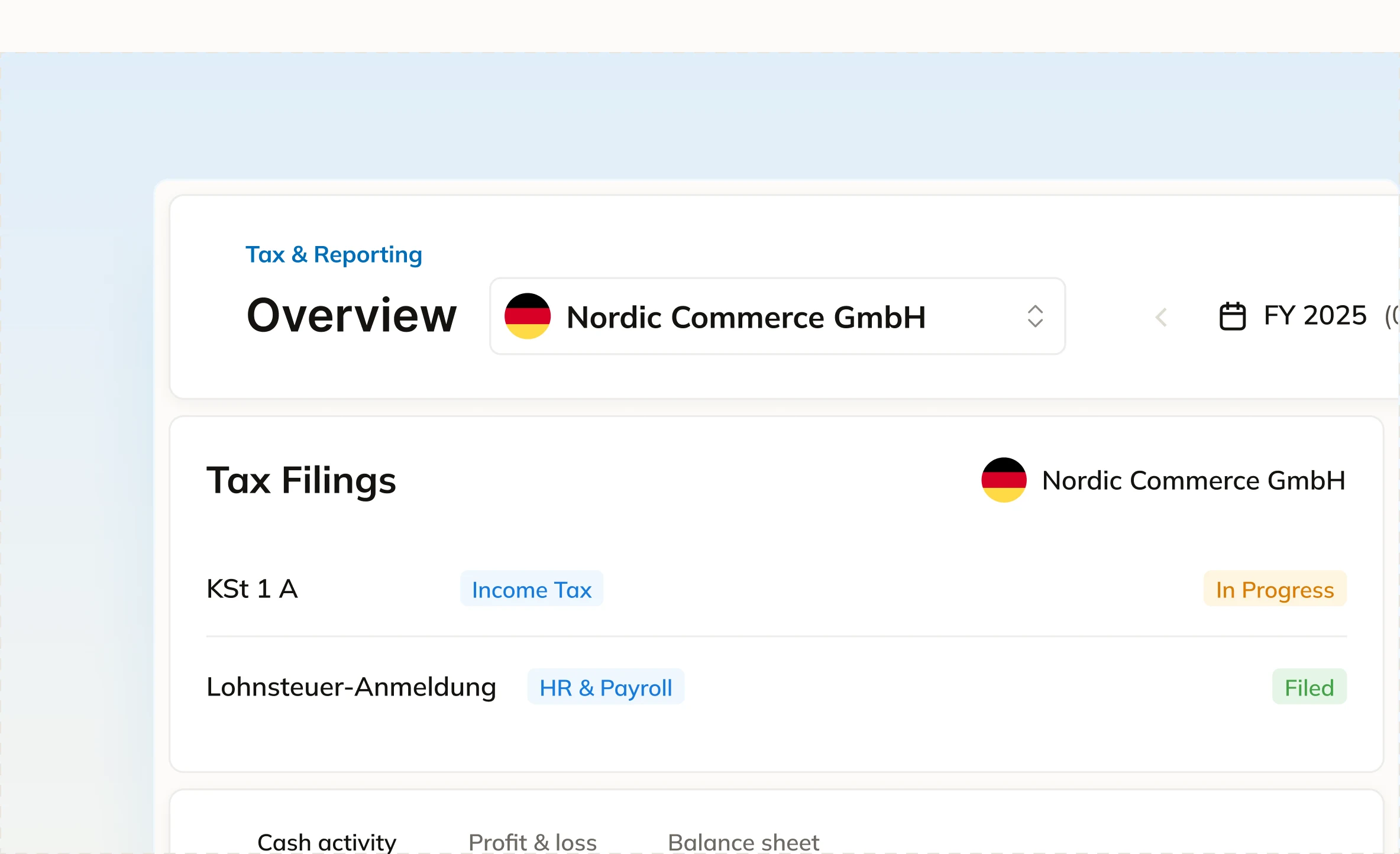Commenda tax and reporting overview for a German entity, listing income tax and payroll filings by status