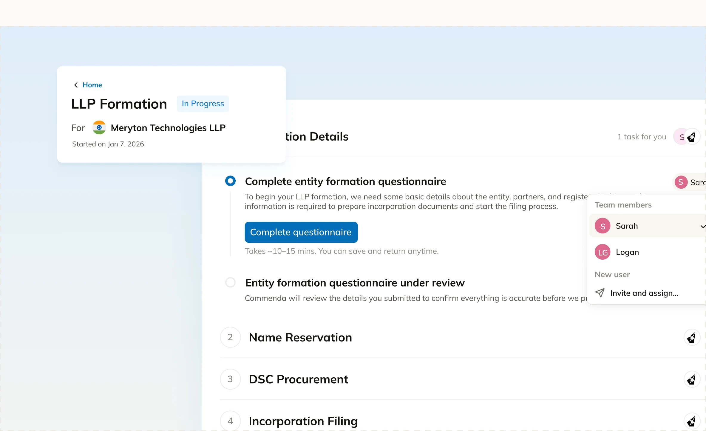 Commenda incorporation workflow showing an LLP formation checklist with questionnaire, name reservation and filing steps
