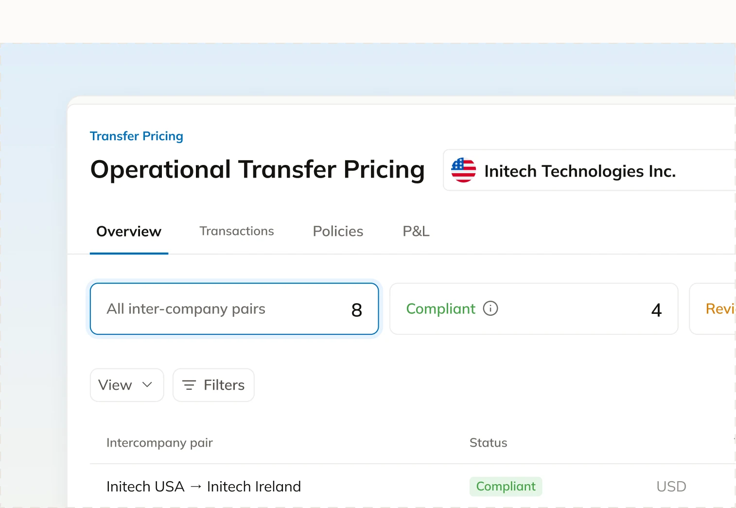 Commenda operational transfer pricing view listing inter-company pairs and their compliance status