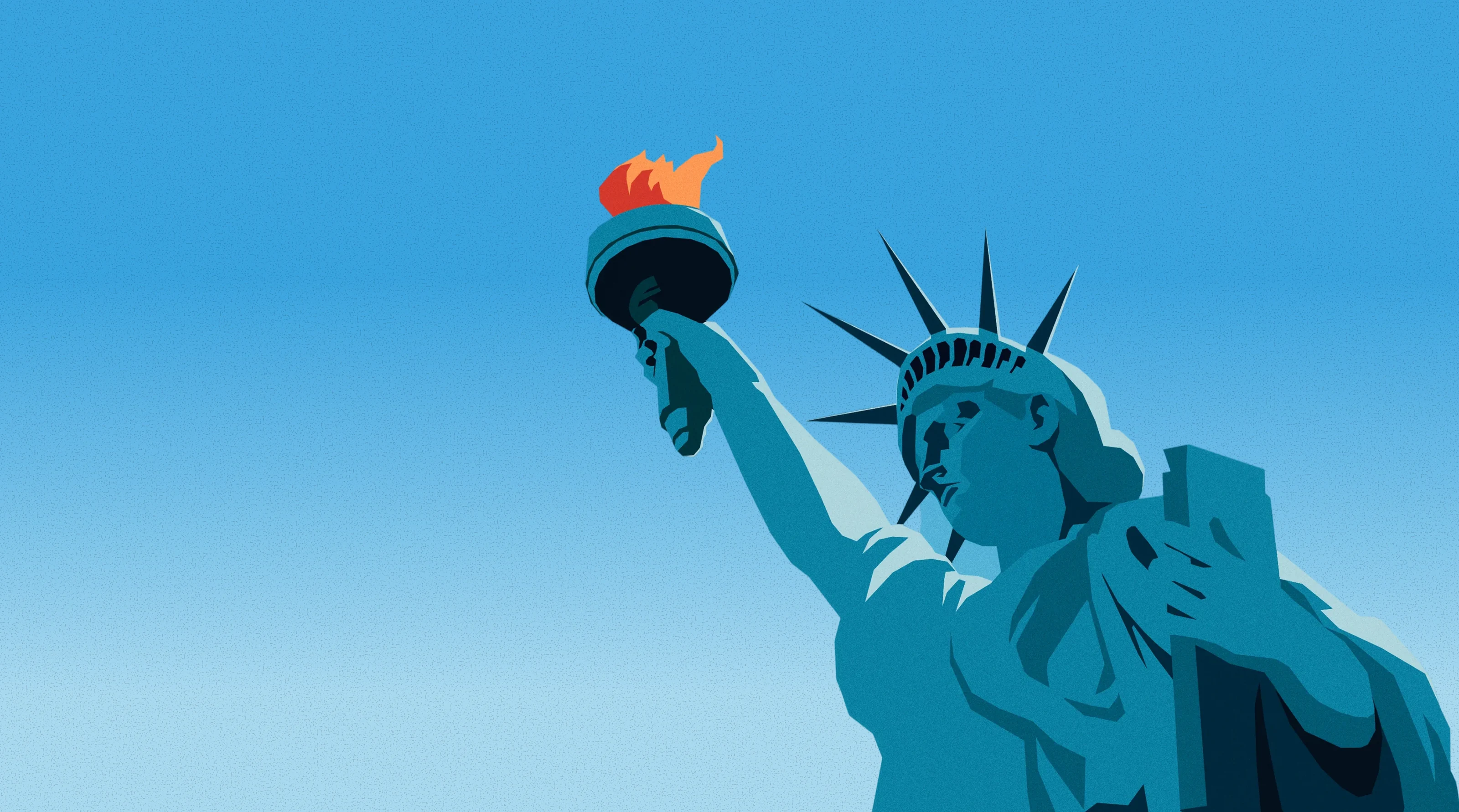 The Statue of Liberty raising her torch into a clear blue sky