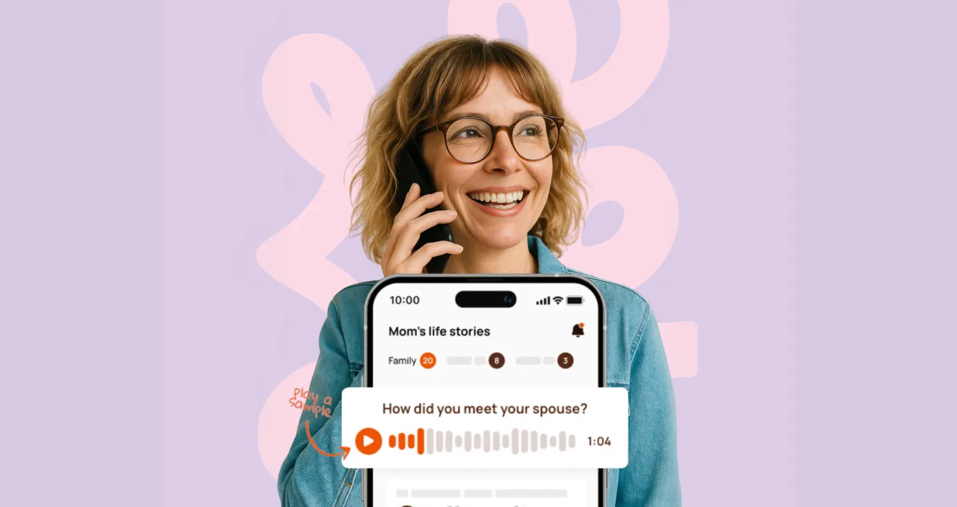 A smiling woman on a phone call recording a story, with the Storii app in the foreground