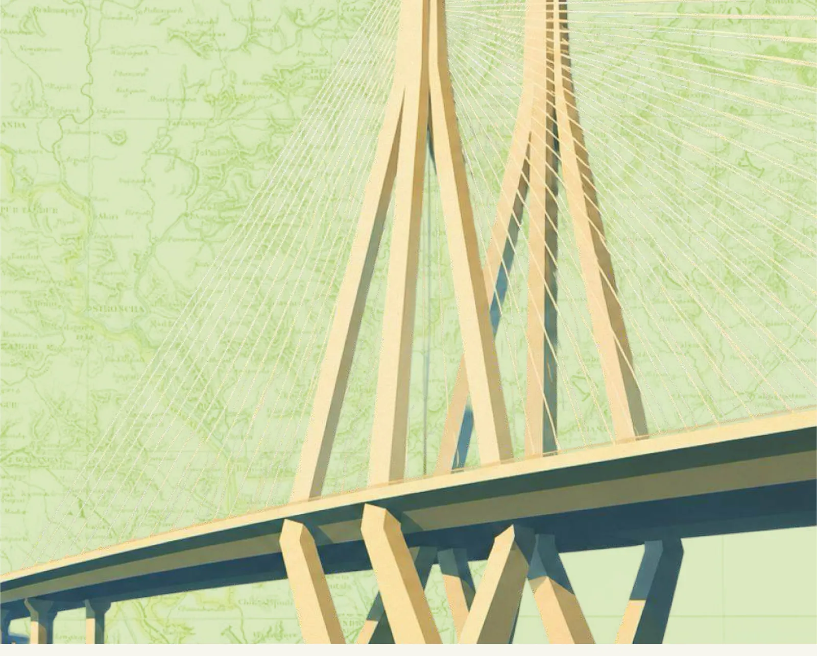 The cable-stayed deck of the Bandra-Worli Sea Link in Mumbai, drawn in sage green over a faded antique survey map