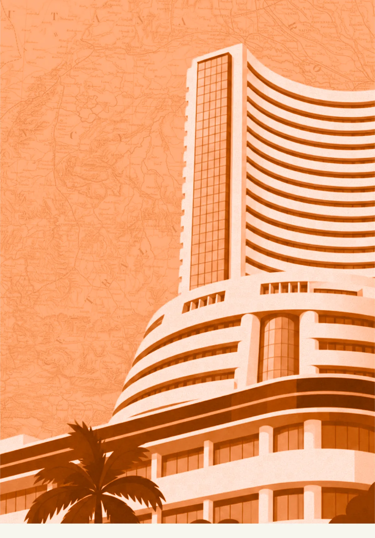 The curved base of the Bombay Stock Exchange on Dalal Street, Mumbai, drawn in amber over a faded antique survey map