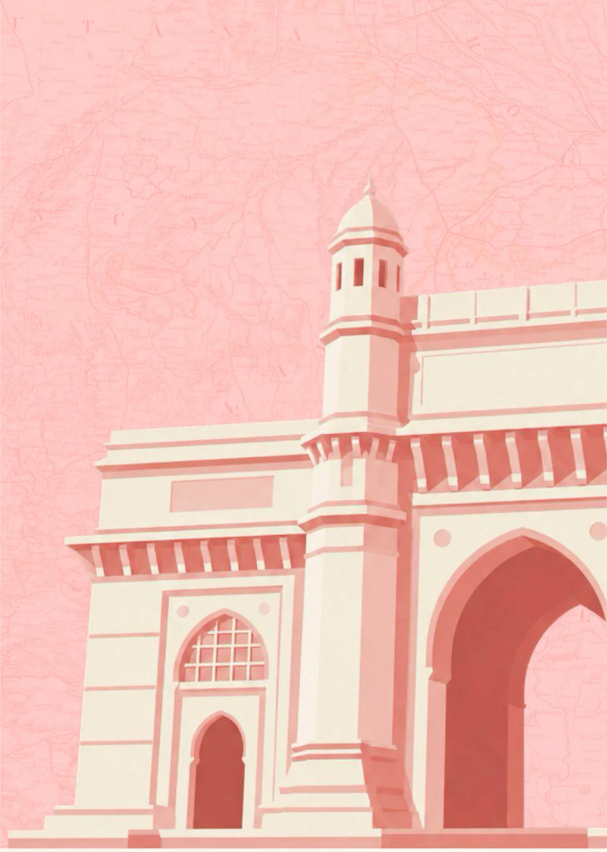 The arch and minaret of the Gateway of India in Mumbai, drawn in dusty rose over a faded antique survey map