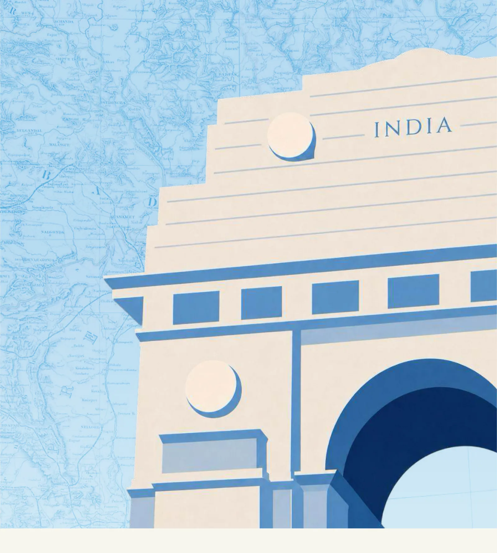 India Gate in New Delhi, drawn in flat blue shapes over a faded antique survey map of India