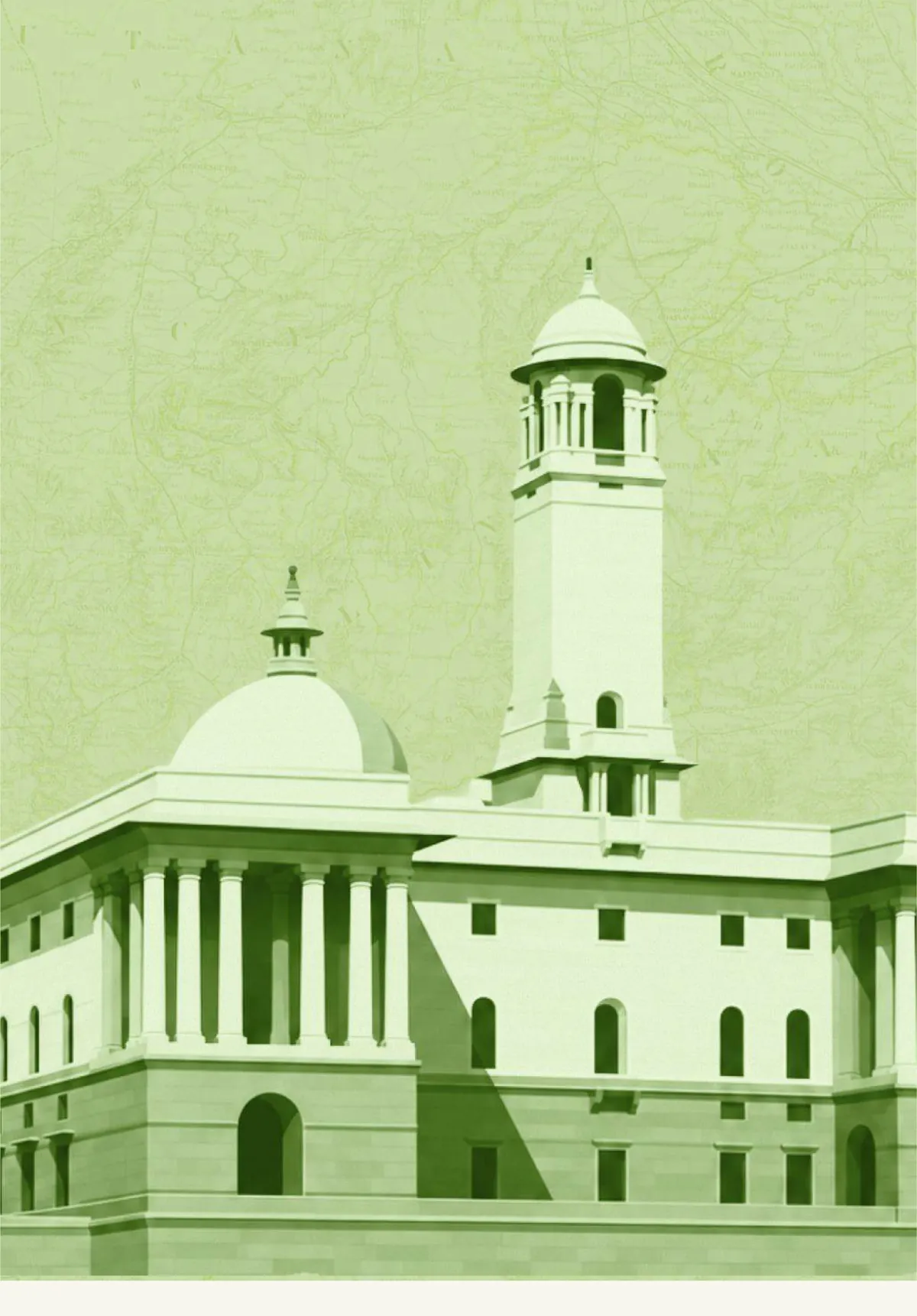 The dome, tower and colonnade of Rashtrapati Bhavan in New Delhi, drawn in sage green over a faded antique survey map