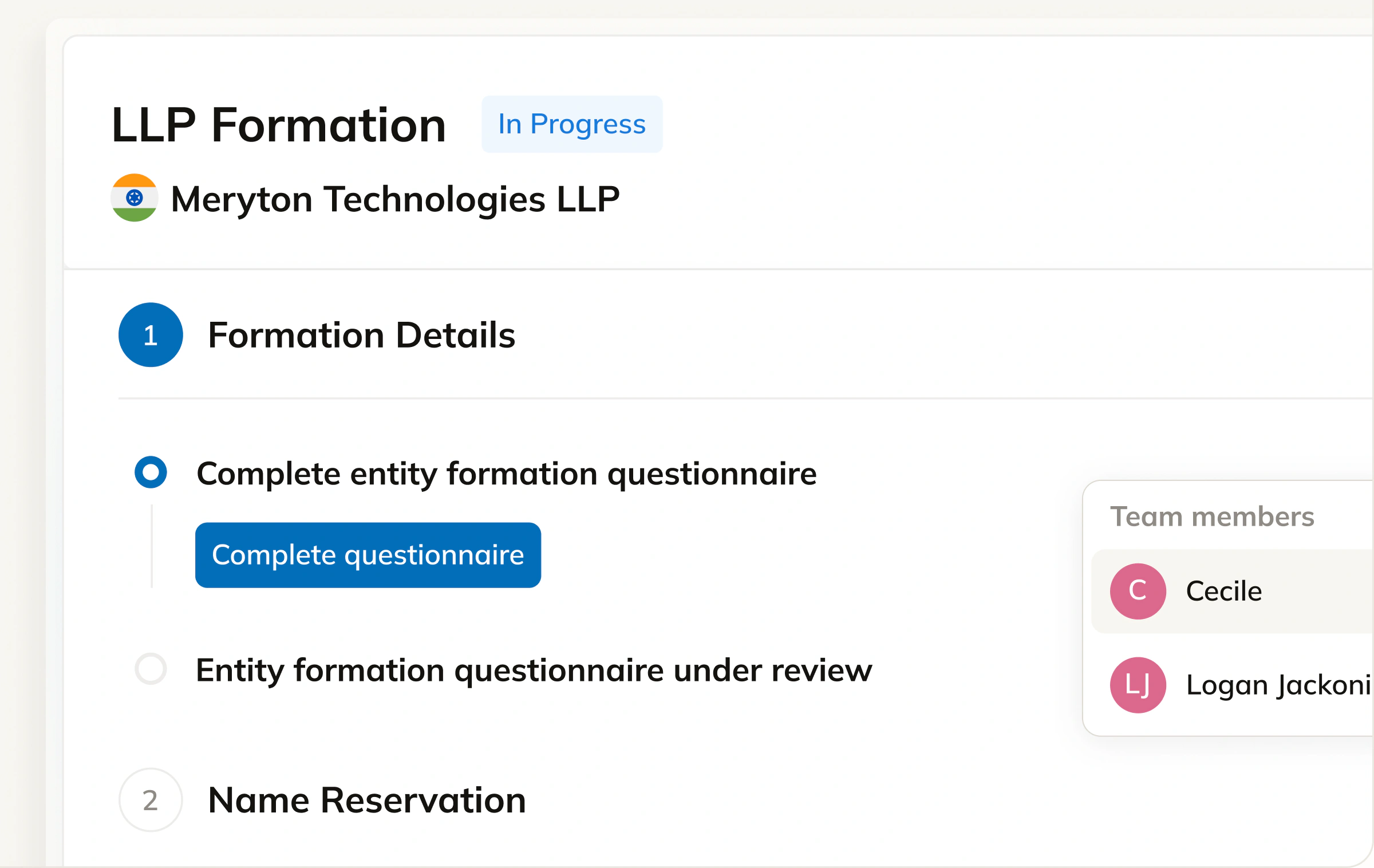 Commenda entity formation workflow showing an LLP formation in progress with its stages and assigned team members