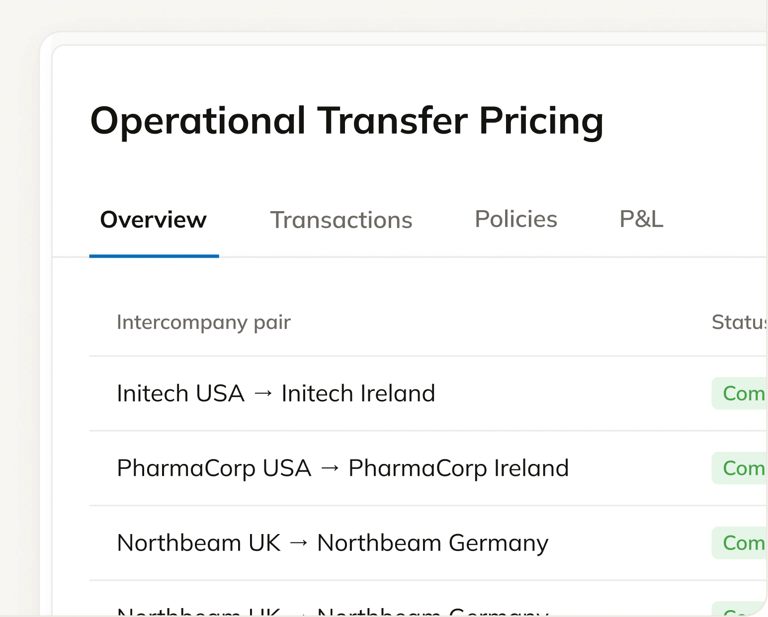 Commenda operational transfer pricing view listing intercompany pairs and their compliance status
