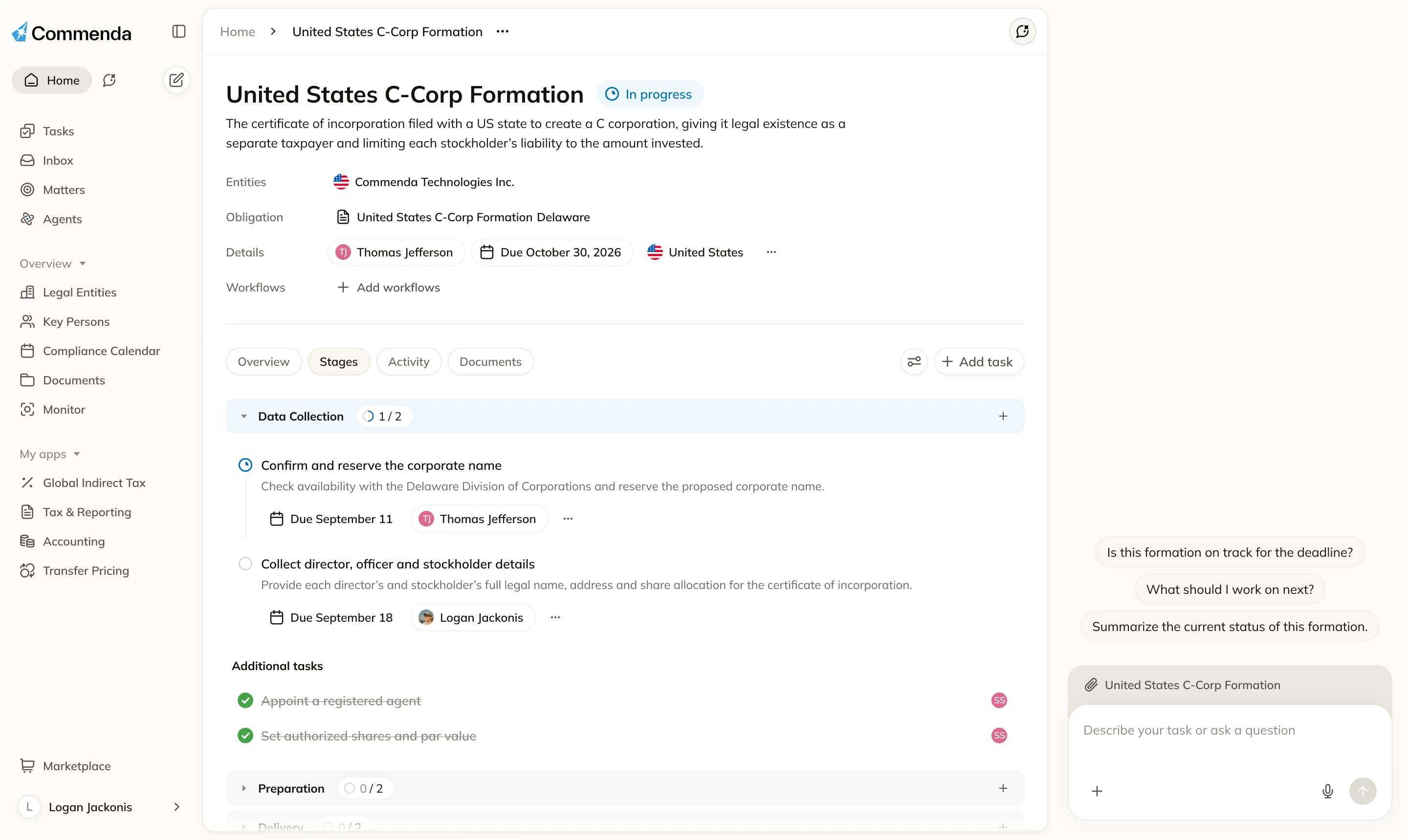 Commenda dashboard showing a United States C-Corp formation in progress, with stages, assignees and due dates