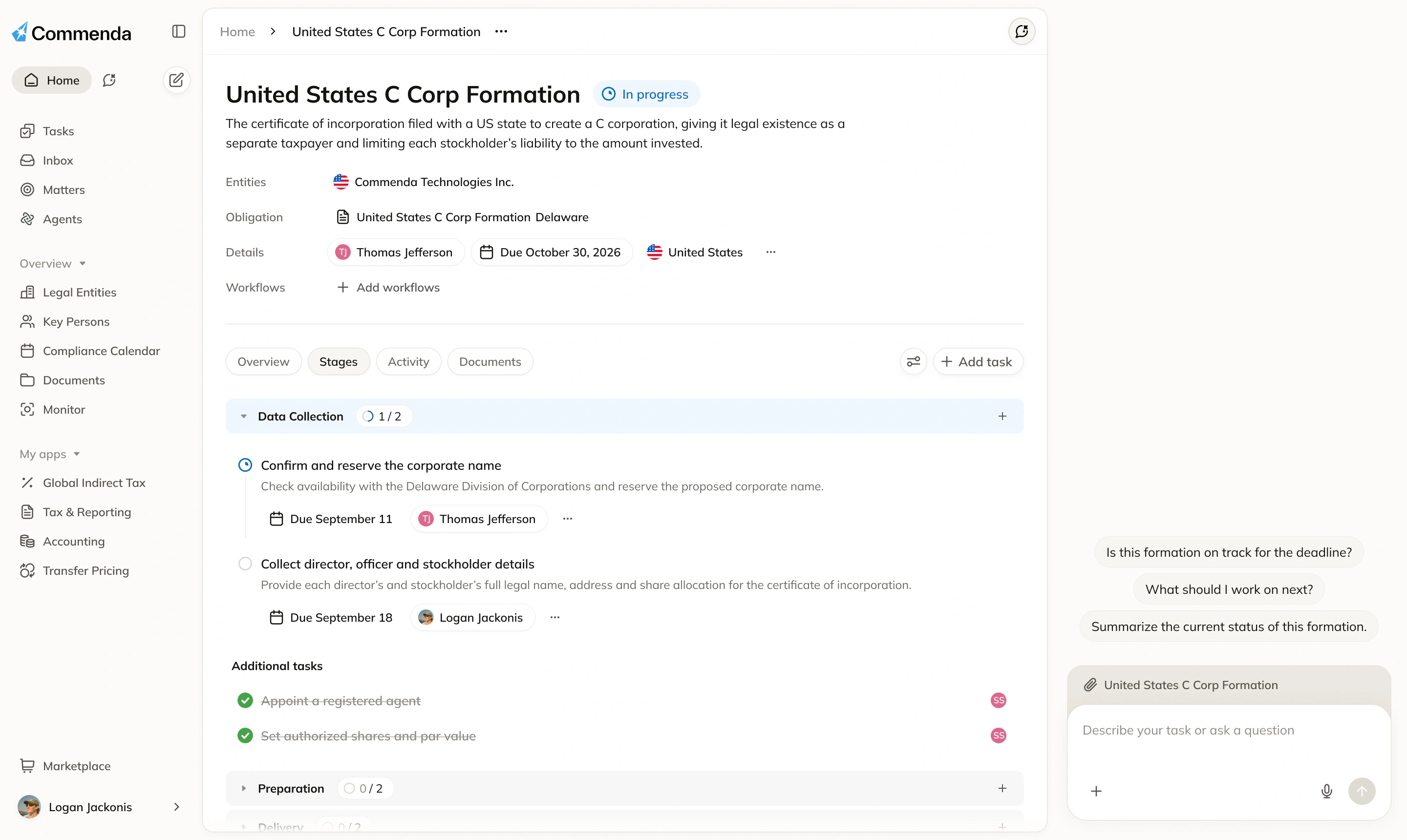 Commenda dashboard showing a United States C-Corp formation in progress, with stages, assignees and due dates