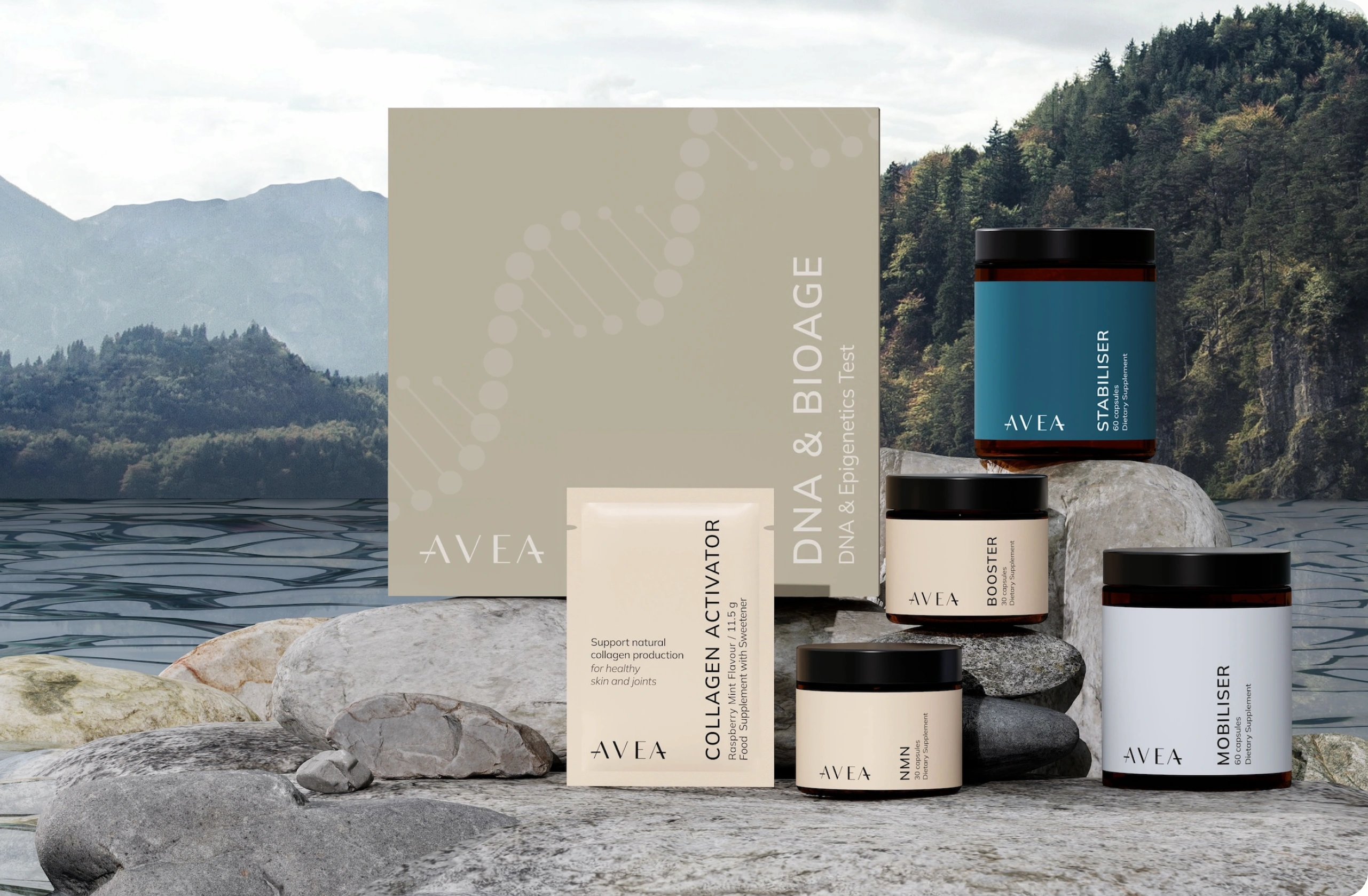 Avea Life supplement products including booster, vitaliser, and collagen activator