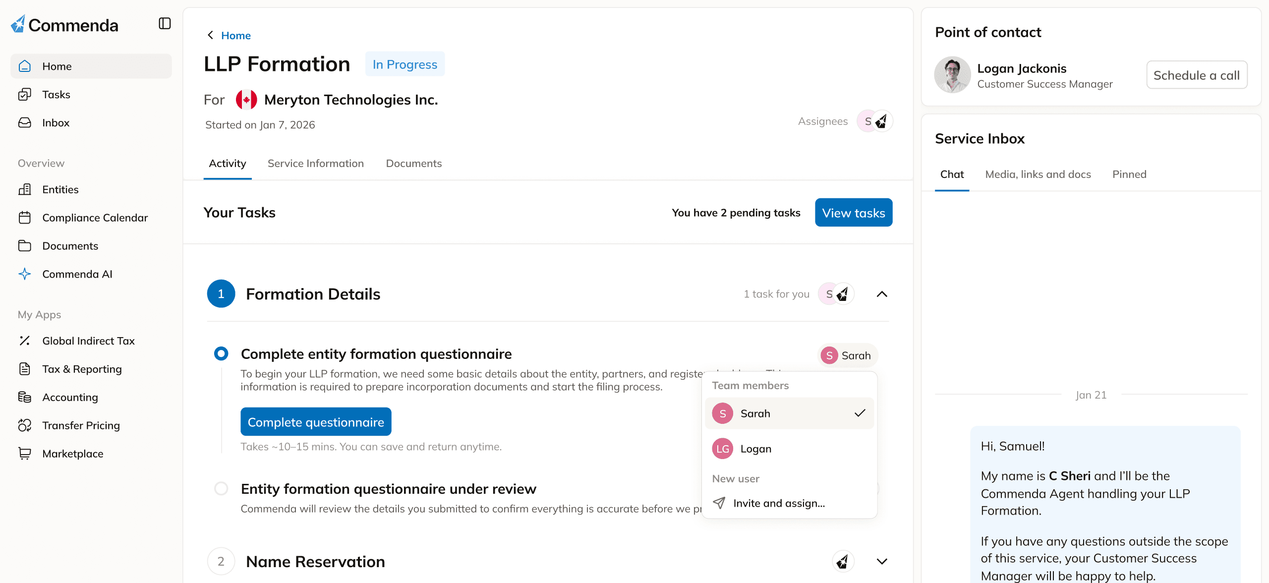 Commenda dashboard showing an entity formation in progress with tasks, point of contact, and service inbox