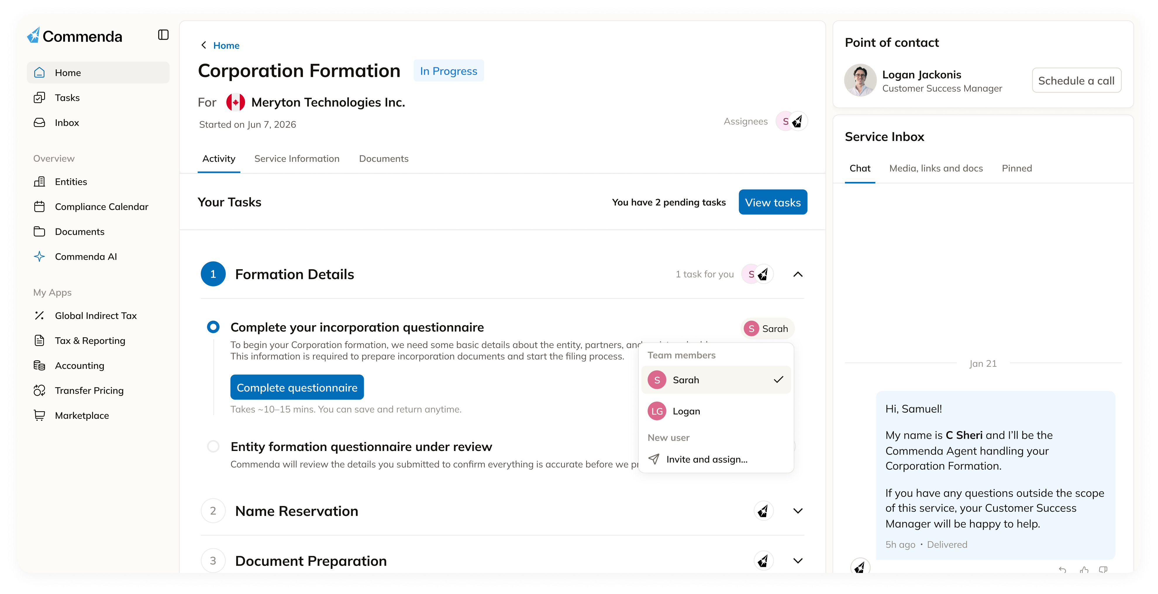 Commenda dashboard showing an in-progress Canadian company formation with tasks, point of contact, and service inbox