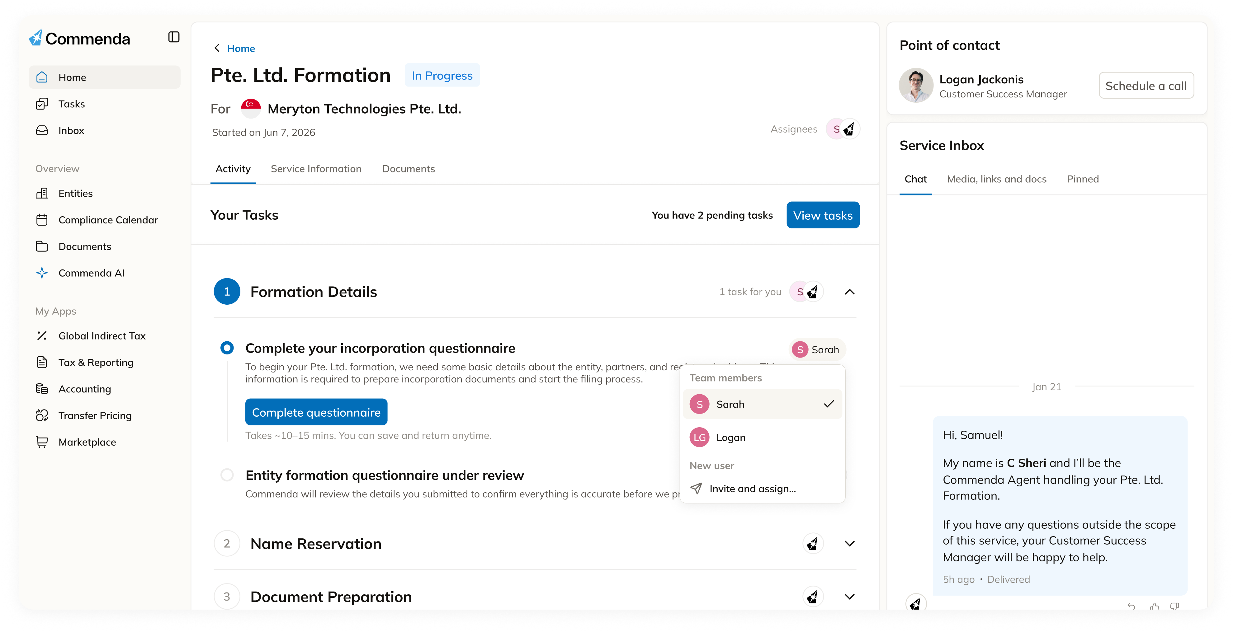 Commenda dashboard showing an in-progress Singapore company formation with tasks, point of contact, and service inbox
