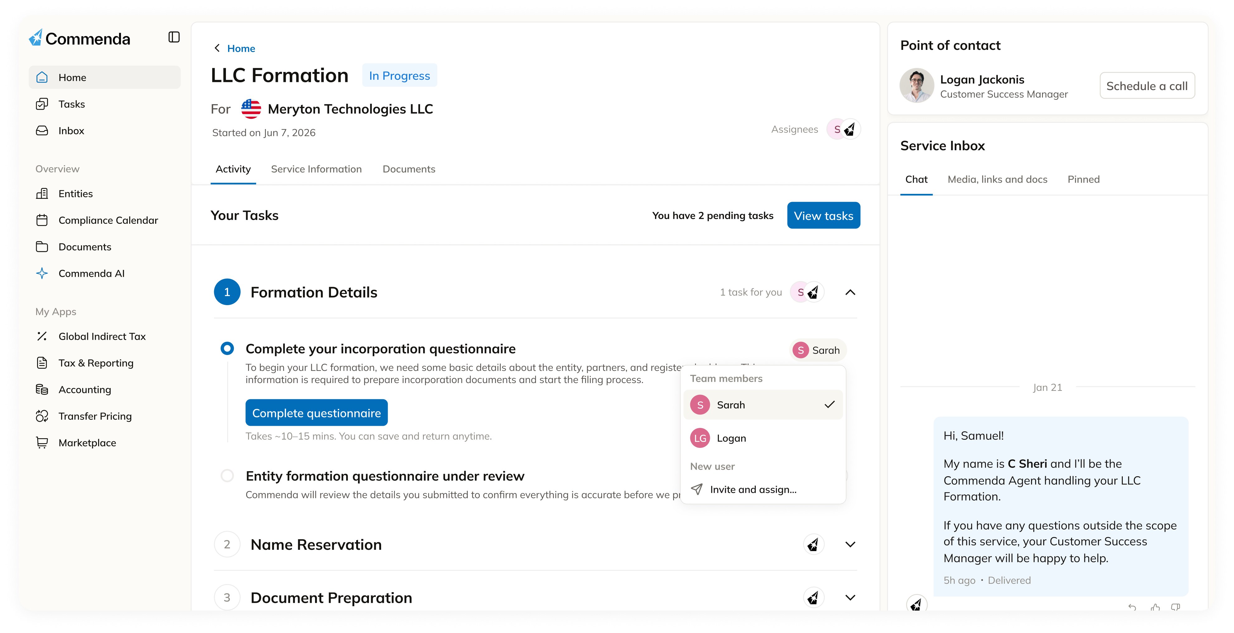 Commenda dashboard showing an in-progress US company formation with tasks, point of contact, and service inbox