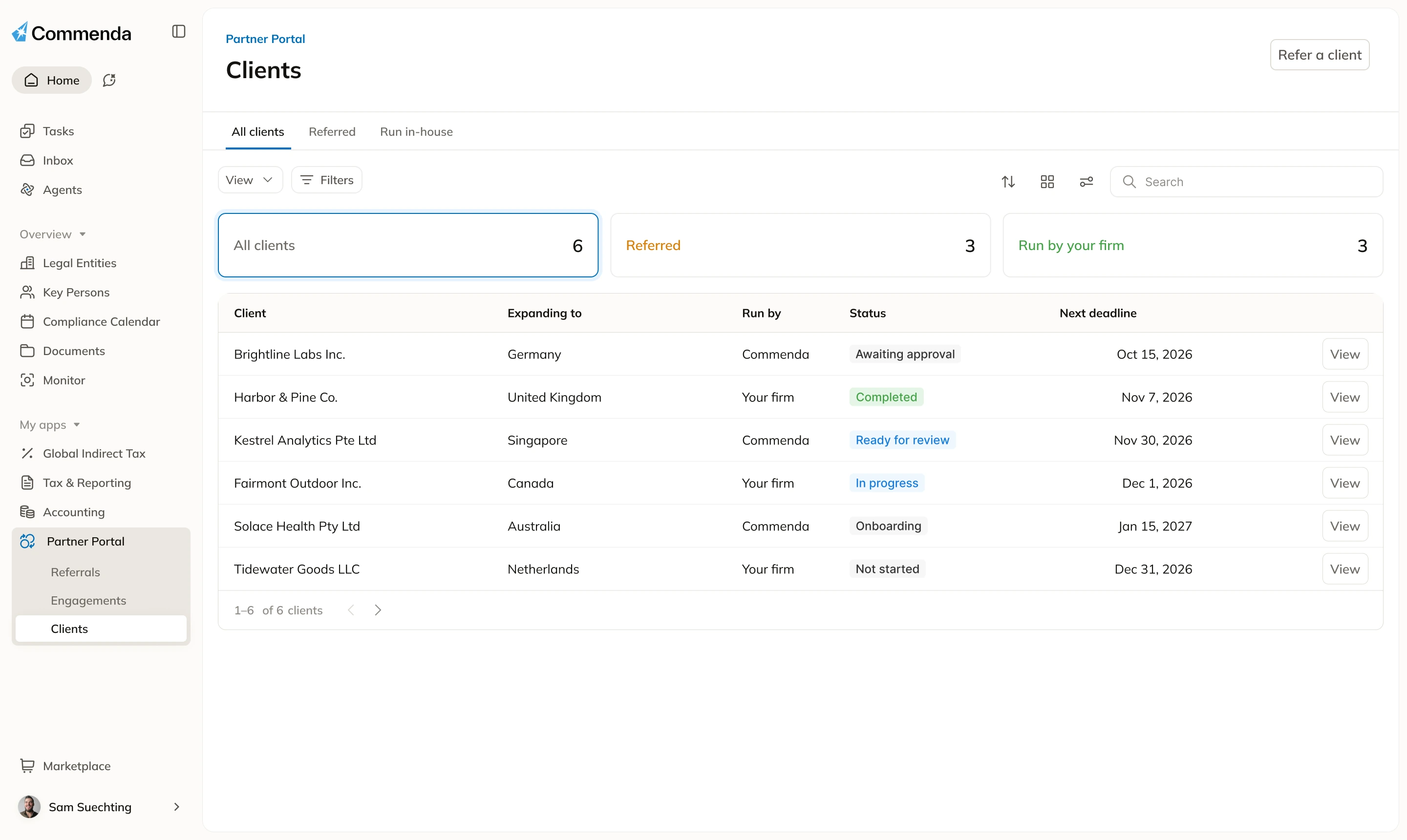 The Commenda Partner Portal, listing a firm's clients and the countries each is expanding to