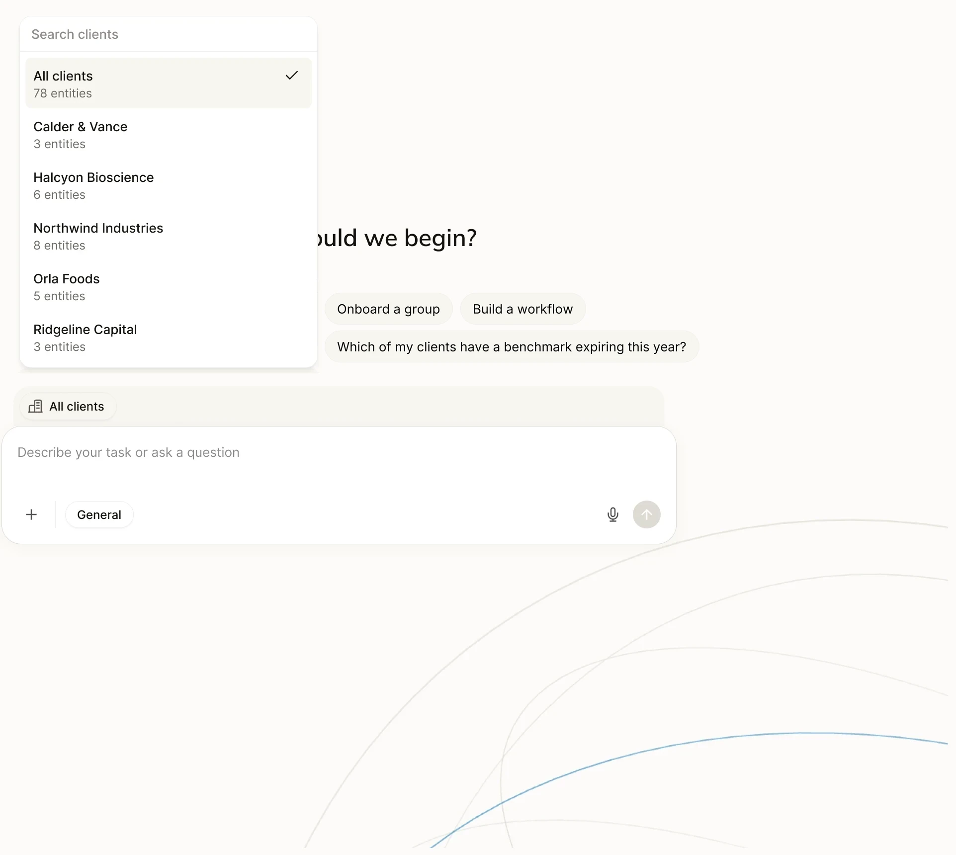 Commenda AI in a firm's workspace, set to all clients: 78 entities across client groups