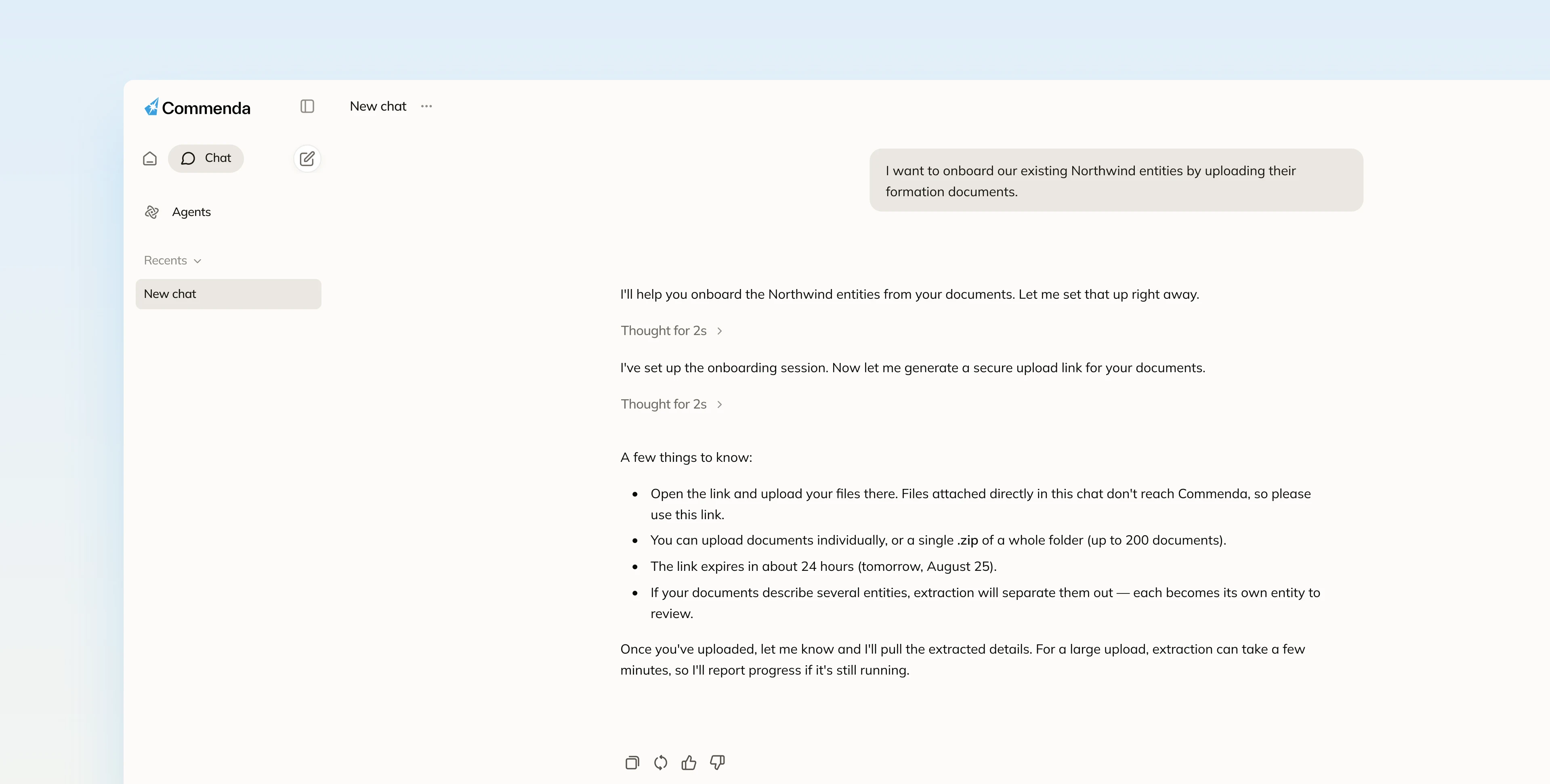 Commenda chat onboarding a set of entities from uploaded formation documents