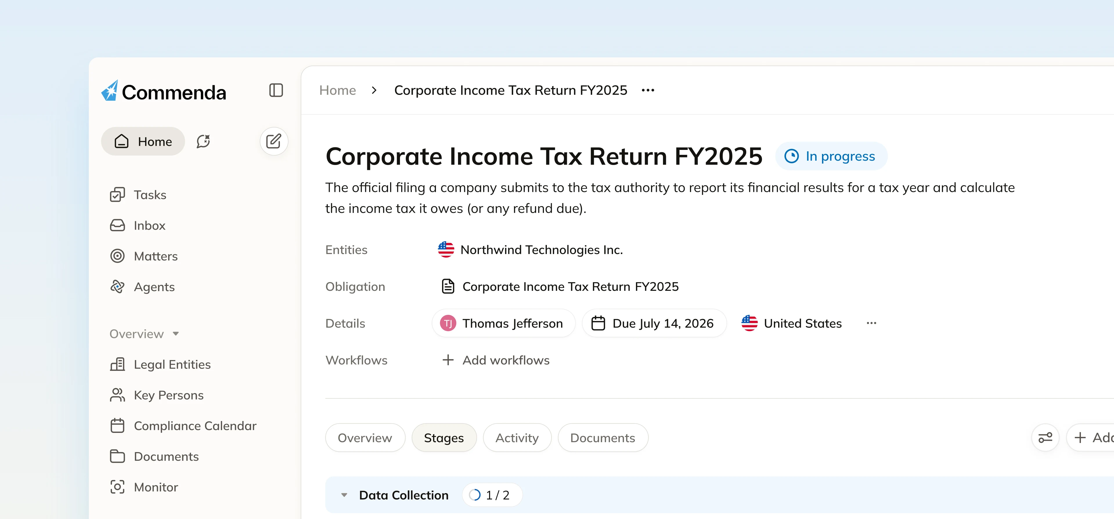 Commenda corporate income tax return matter showing entity, obligation, assignee and due date