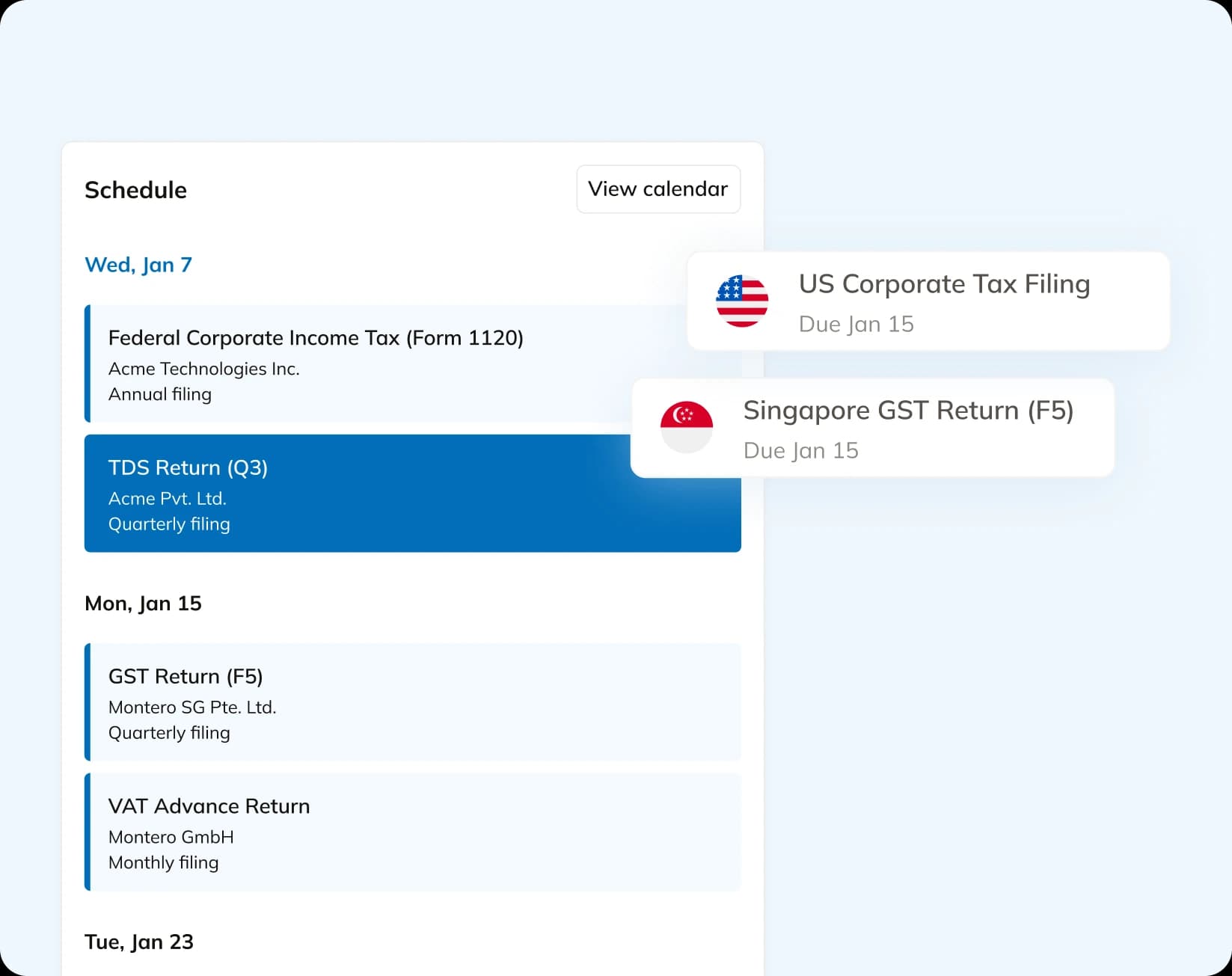 Commenda Tax & Accounting filings calendar showing corporate income tax and VAT returns across entities
