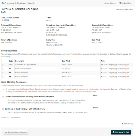 Check Business Details - Nebraska