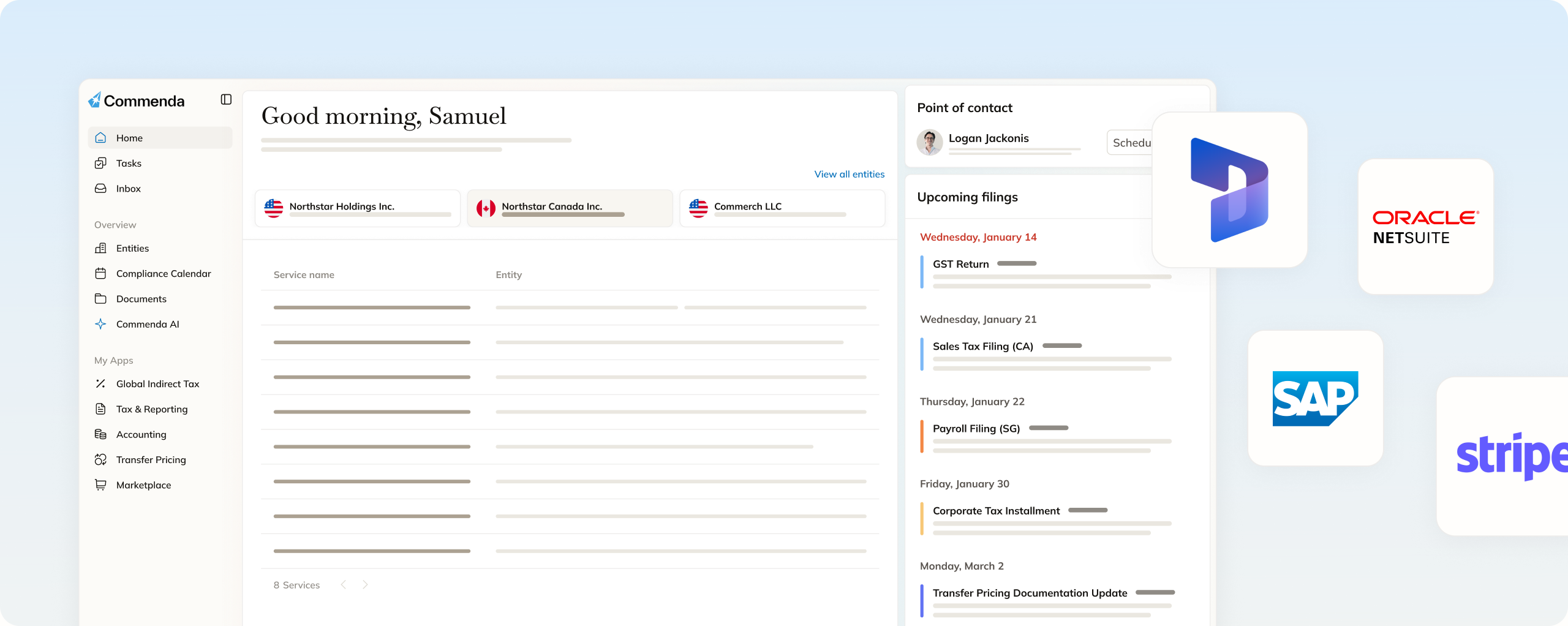 Commenda dashboard connected to Microsoft Dynamics, Oracle NetSuite, SAP, and Stripe, showing upcoming filings and compliance across multiple entities