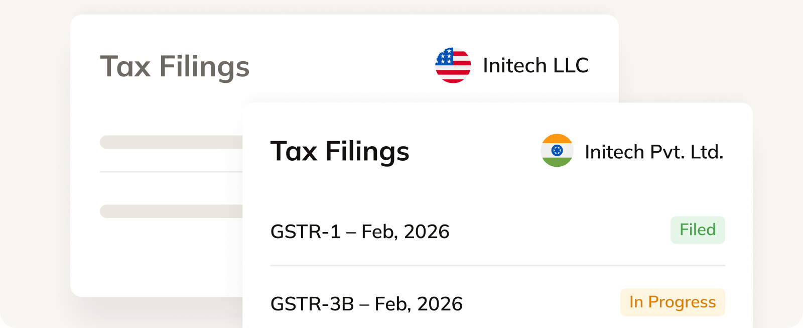 Commenda tax filings view listing VAT and GST returns for two entities with filing status labels