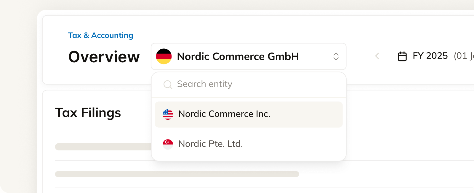 Commenda tax and accounting overview with an entity selector and a list of tax filings by form