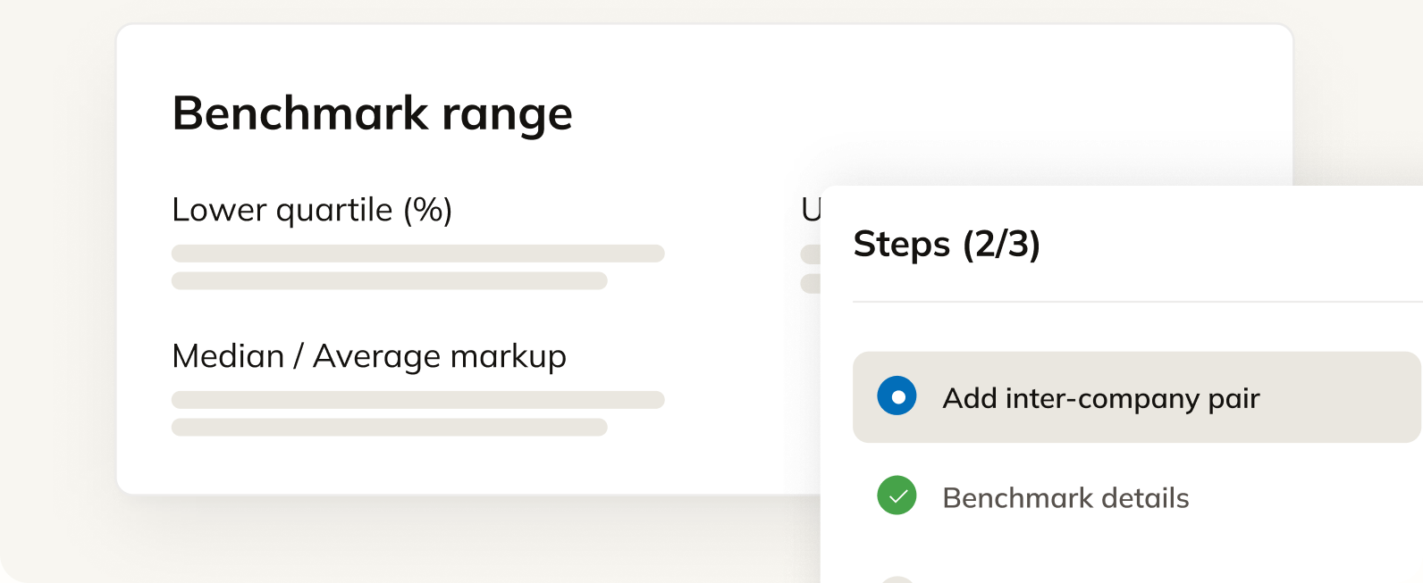 Commenda benchmarking view showing an intercompany markup range and a guided add-a-pair step flow