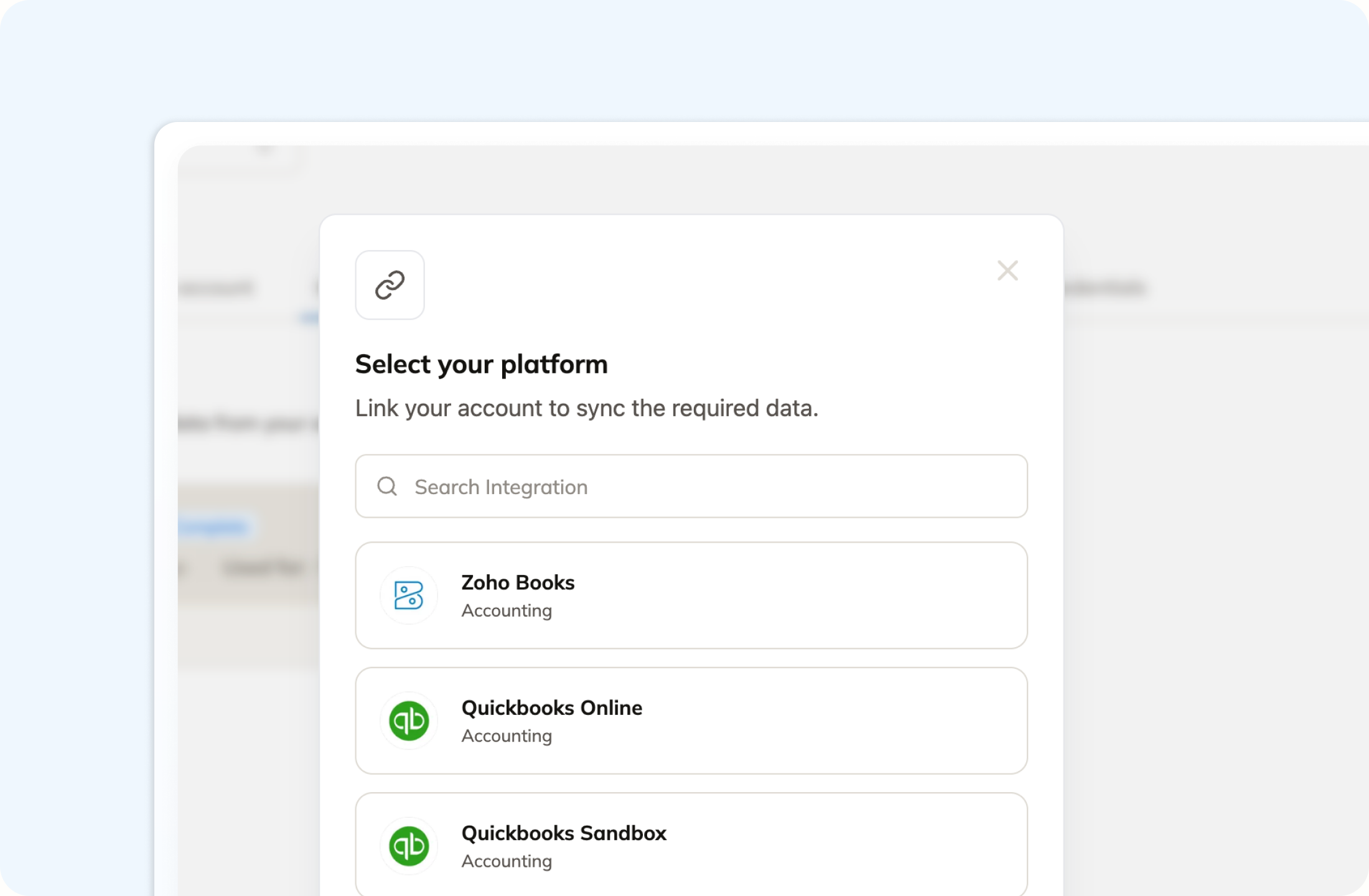 Commenda platform picker for adding an integration, listing Zoho Books, QuickBooks Online, and QuickBooks Sandbox accounts