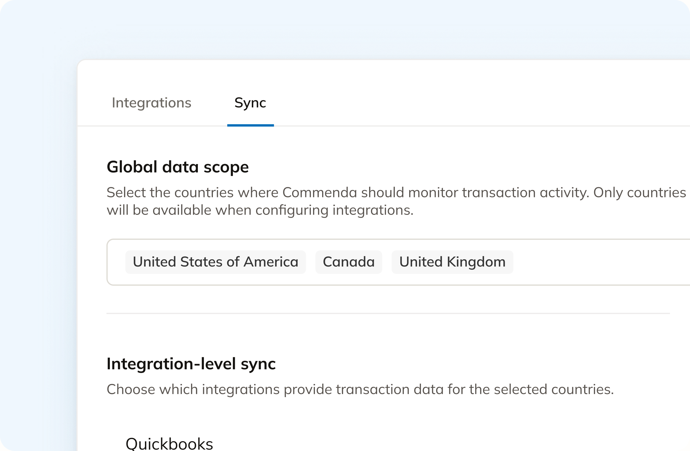 Commenda sync settings with a global data scope selecting the United States, Canada, and United Kingdom for integration-level transaction sync