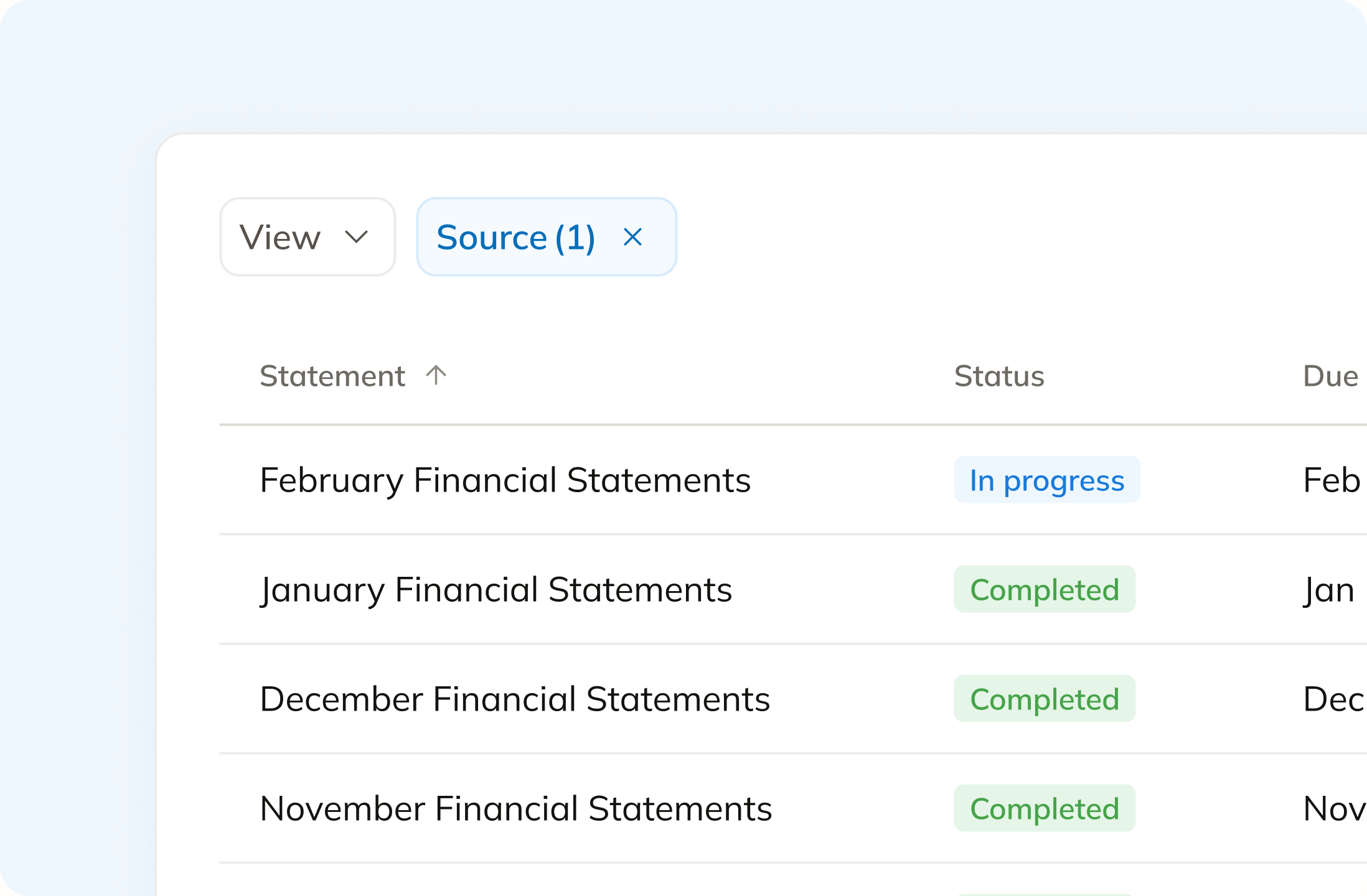 Commenda financial statements list showing February, January, December, and November statements with in-progress and completed status