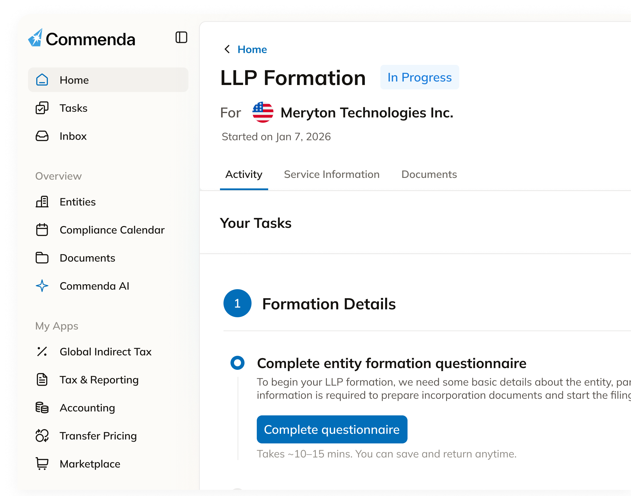 Commenda dashboard showing an in-progress LLP formation for Meryton Technologies Inc. with the formation task checklist and entity navigation sidebar