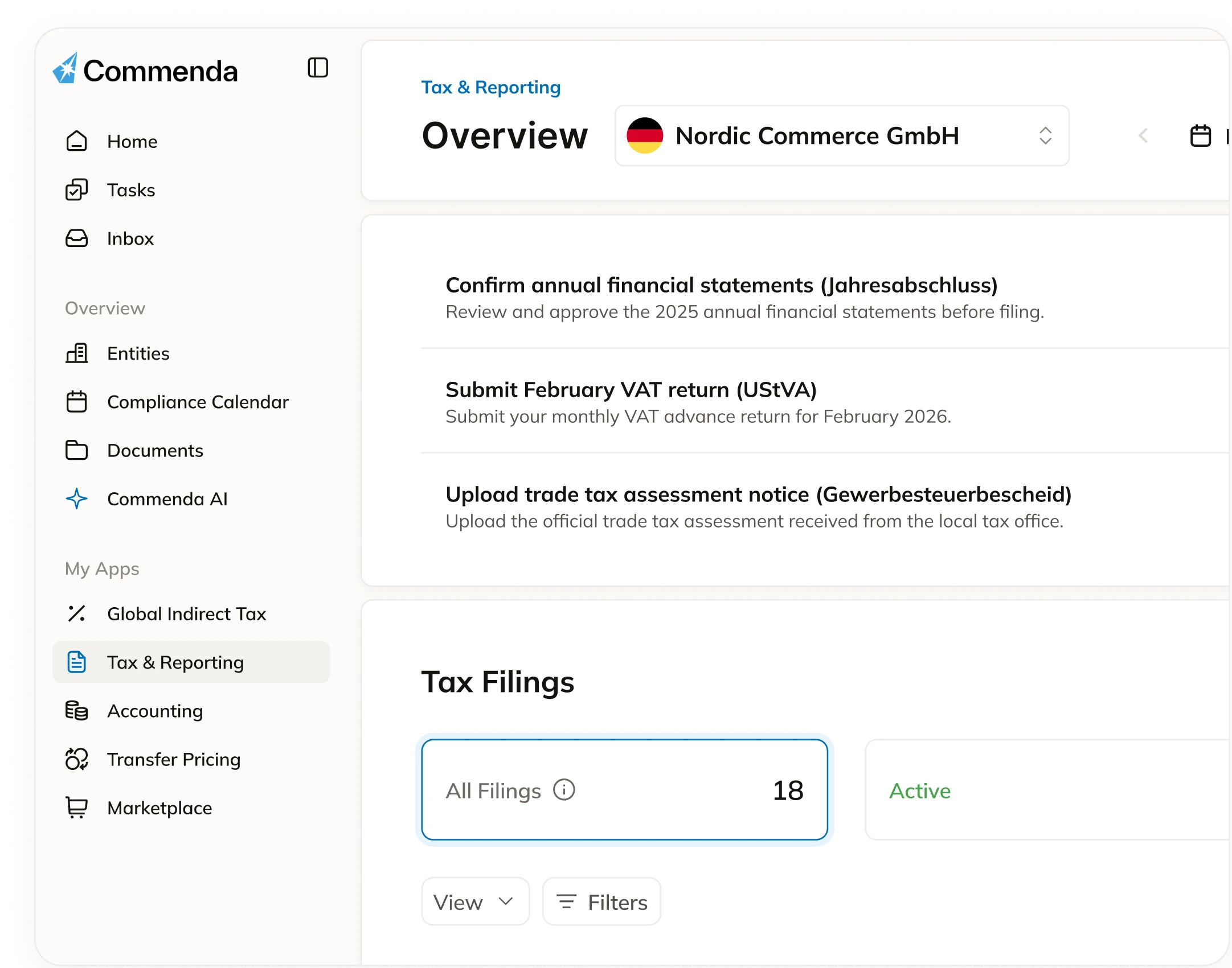 Commenda corporate tax and accounting dashboard showing the multi-entity tax filing console with quarterly close workflow and ERP-synced filings
