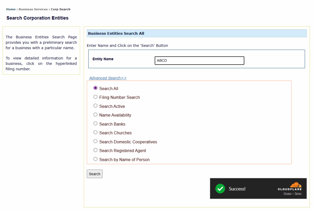 Enter entity name, filing number, or officer/agent details